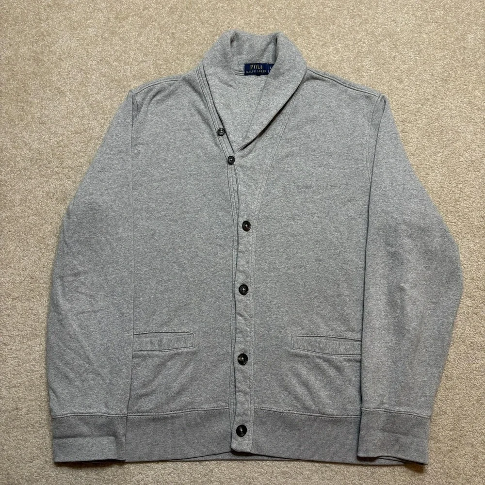 Polo Ralph Lauren Cardigan Sweater Mens Large Gray Fleece Shawl Collar Button